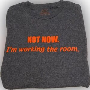 Men's Grey Short Sleeve Tee Shirt Medium "Not Now. I'm working the Room”